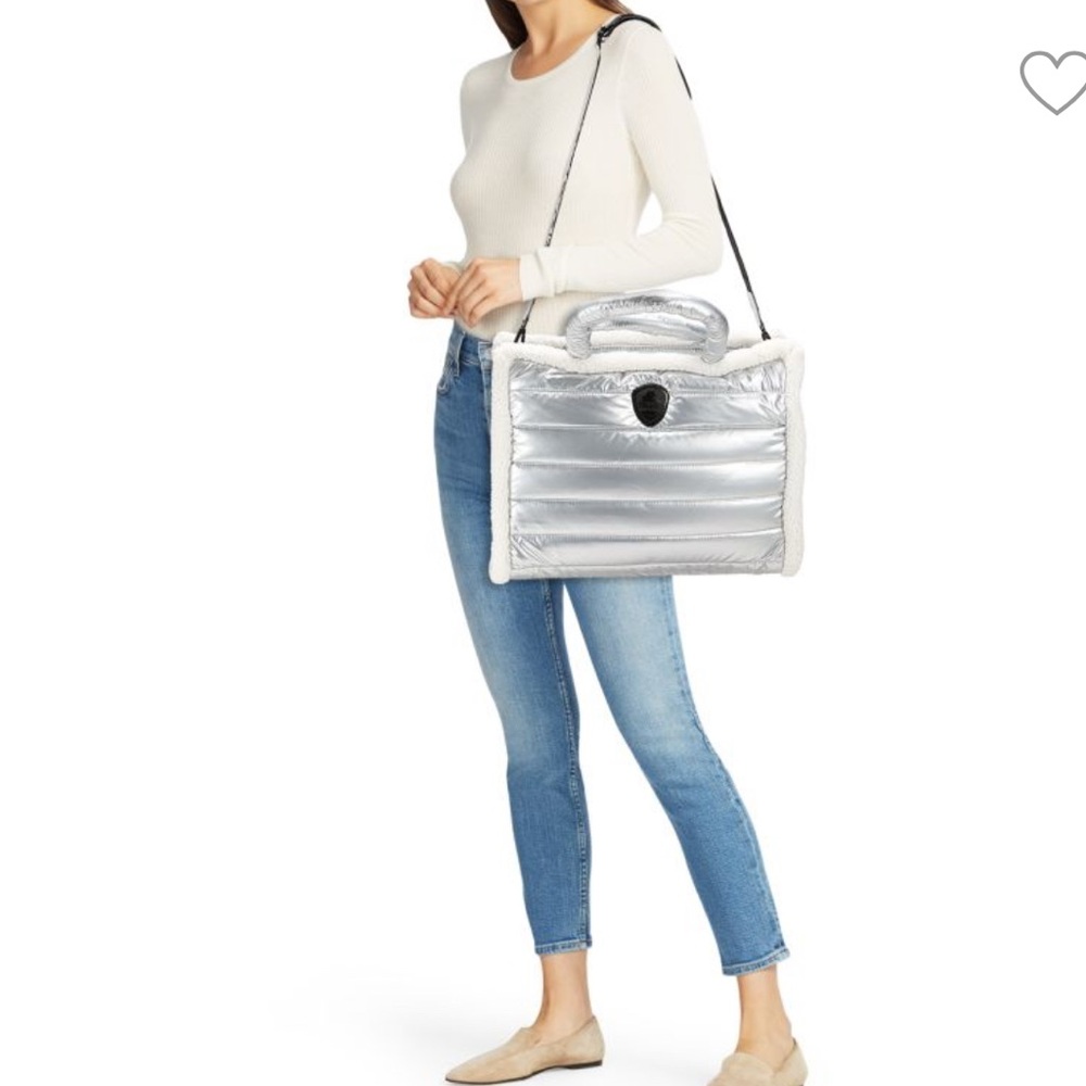 Women's White Faux Fur Trim Metallic Silver Quilted Tote - Picture 8 of 8